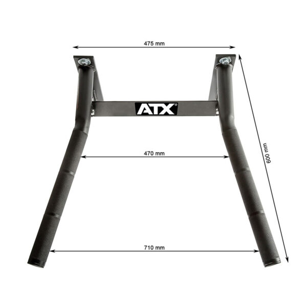 Image of the ATX® Wall Mounted Dip Bars, featuring dimensions of 475 mm in width at the top, 470 mm across the horizontal bar, and 710 mm at the base. The entire setup stands at a height of 600 mm and includes dip bars with black grips on both sides for versatile workout options.