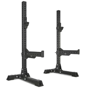 The ATX® Portable Squat Stands SET includes two black adjustable stands with sturdy bases and multiple holes for customization. Each stand features a J-hook, making them perfect for weightlifting exercises and strength training at home or on the go.