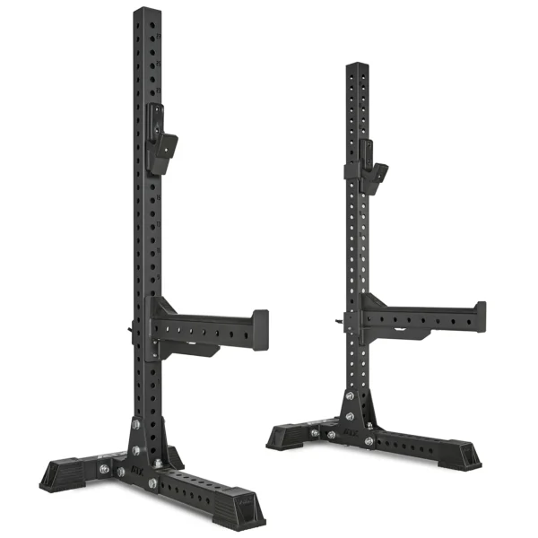 The ATX® Portable Squat Stands SET includes two black adjustable stands with sturdy bases and multiple holes for customization. Each stand features a J-hook, making them perfect for weightlifting exercises and strength training at home or on the go.