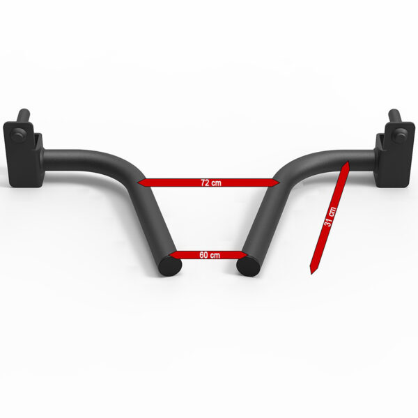 Image of ATX® 500 Dip Handles, a metal dip bar. The horizontal bar measures 72 cm, the vertical bar is 60 cm, and the grip width is 5 cm. The bars are finished in black, set against a white background.