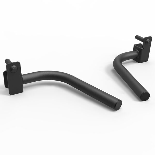 Close-up of two ATX® 500 Dip Handles, black L-shaped metal brackets with cylindrical arms, handles, and mounting mechanisms on a white background.