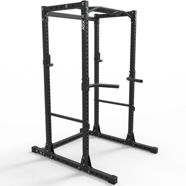The ATX® 600 Dip Handles, ideal for weightlifting and strength training, are shown on a black power rack with adjustable bars and pegs, a pull-up bar, and dip handles against a white background.
