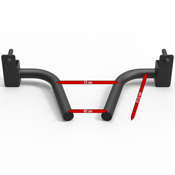 The ATX® 600 Dip Handles feature an adjustable black metal handlebar with a red arrow marking a 72 cm distance and another indicating a 60 cm length, mounted on vertical brackets against a white background.