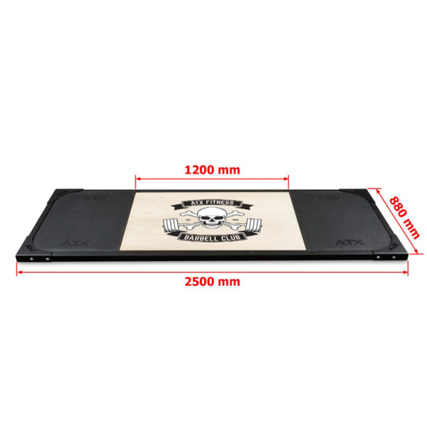 The ATX® Deadlift Platform Barbell Club is rectangular and measures 2500 mm by 1200 mm. It features a central logo with a barbell and ATX Fitness Barbell Club text, alongside marked sections for various activities.