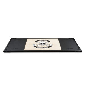 The ATX® Deadlift Platform Barbell Club is a dual-function weightlifting platform. It features the ATX Fitness Barbell Club logo on its wooden center and is bordered by black rubber sections for improved support and stability.