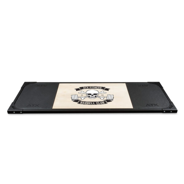 The ATX® Deadlift Platform Barbell Club is a dual-function weightlifting platform. It features the ATX Fitness Barbell Club logo on its wooden center and is bordered by black rubber sections for improved support and stability.