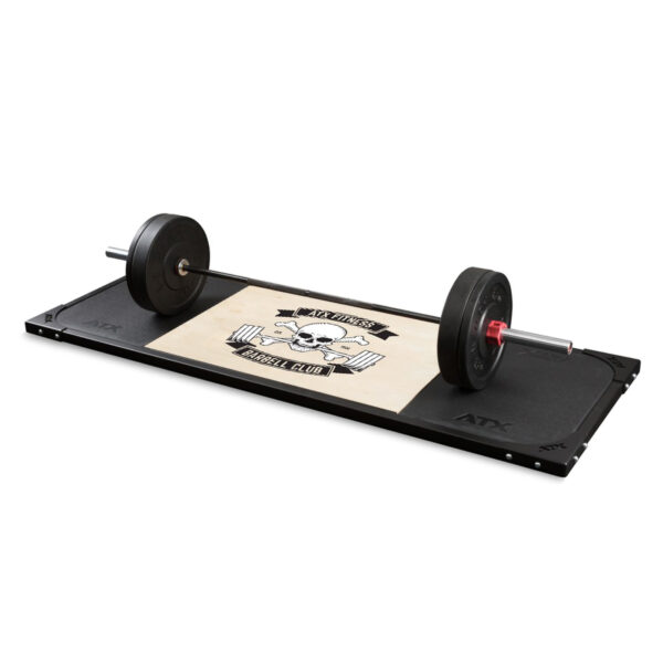 The ATX® Deadlift Platform Barbell Club features a central skull and crossbones design with Barbell Club text, surrounded by black edges, all under a resting barbell loaded with weights.