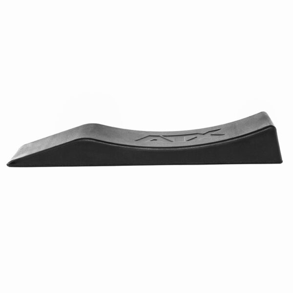 The ATX® Deadlift Wedge is a black foam incline wedge featuring a curved design with ATX embossed on the surface. Its side view reveals a gradual slope, making it perfect for lifting support.