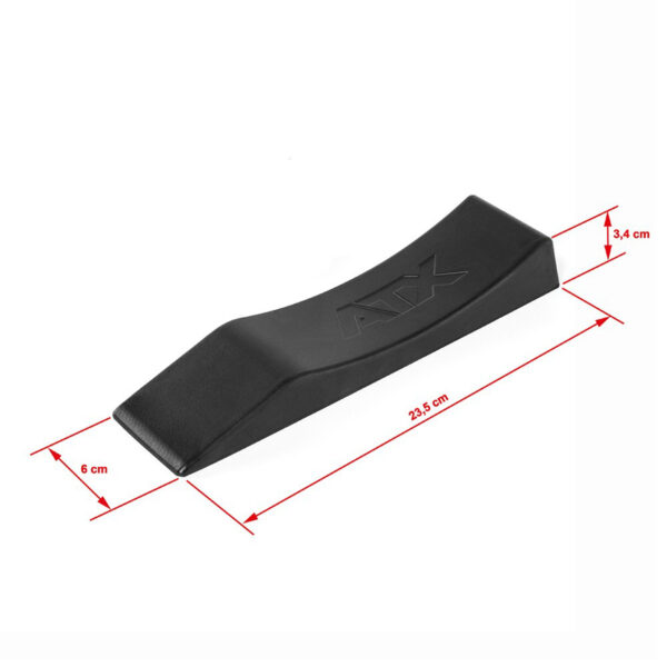The ATX® Deadlift Wedge, a black foam workout bench pad perfect for deadlift setups, measures 23.5 cm in length, 6 cm in width, and 3.4 cm in height. Its displayed on a white background with red measurement lines for clarity.
