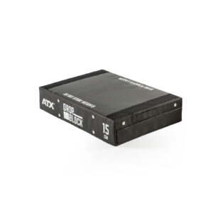 The ATX® 15 cm Soft Drop Block is black, measures 15 cm high, and is designed for weightlifting. It features ATX DROP BLOCK and 15 CM on the side with a smooth surface and reinforced edges.
