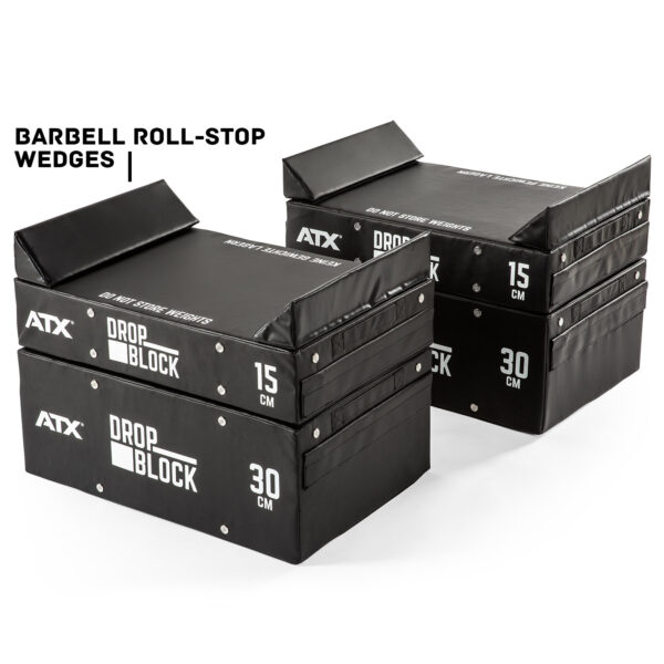 The ATX® 30 cm Soft Drop Block is a set of black, stackable barbell roll-stop wedges labeled ATX Drop Block designed to stabilize barbells during workouts, featuring two height options: 15 cm and 30 cm.