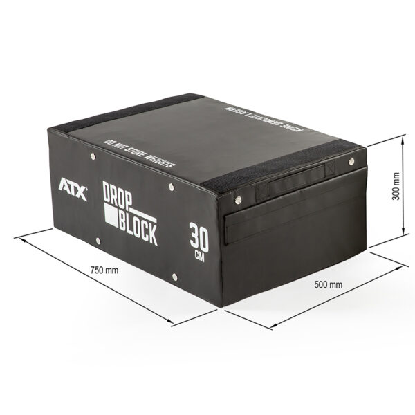 A black ATX® 30 cm Soft Drop Block measuring 750mm x 500mm x 300mm features ATX, DROP BLOCK, and 30 CM printed on the side.