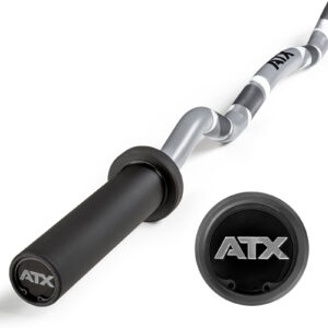 Close-up of the ATX® EZ Bar Curl Camo featuring a black sleeve and wavy, textured grip. The ATX logo is visible on both the bar end and a separate circular insert in the foreground. This product has been discontinued.