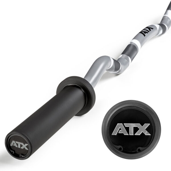 Close-up of the ATX® EZ Bar Curl Camo featuring a black sleeve and wavy, textured grip. The ATX logo is visible on both the bar end and a separate circular insert in the foreground. This product has been discontinued.