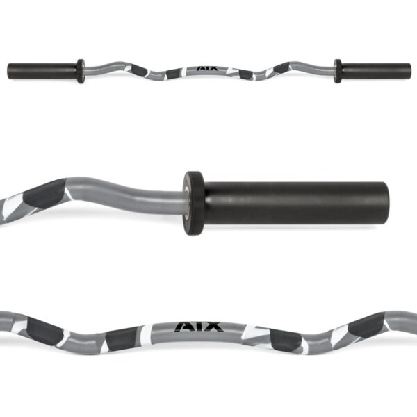 Close-up of the silver and black ATX® EZ Bar Curl Camo, known for its perfect curls. The wavy design is showcased from multiple angles, emphasizing the textured grip, black weight plate sleeves, and a centered logo. Note: This product is discontinued.