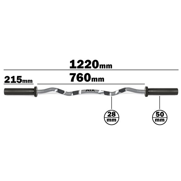 The ATX® EZ Bar Curl Camo, ideal for your curl routine, features precise measurements: 1220mm total length, 760mm grip length, and a 215mm sleeve. It has a grip diameter of 28mm and a sleeve diameter of 50mm but is discontinued.