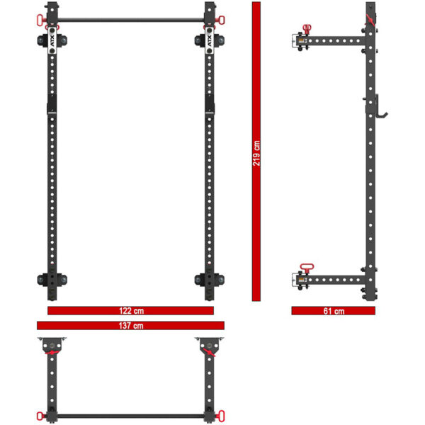 Diagram of a black folding squat rack with dimensions. The wall mount squat rack stands 219 cm tall, 122 cm wide, and unfolds to 137 cm. Side view shows a compact 61 cm depth when folded. Features red locking pins and multiple adjustable holes for versatility.