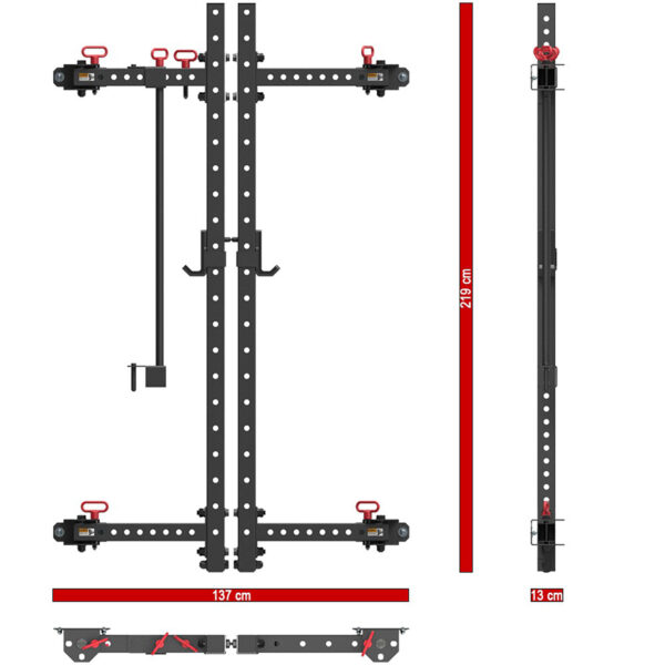 Diagram of a sleek black wall mount squat rack featuring adjustable height and safety features. This folding squat rack measures 137 cm wide, 219 cm tall, and folds to just 13 cm in depth. It includes multiple holes for customization.