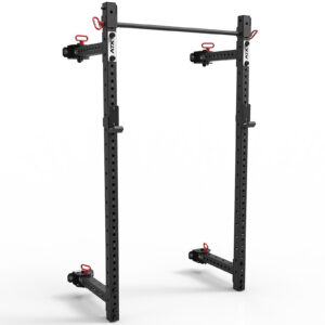A black adjustable power rack with red accents, designed for strength training exercises like squats and bench presses. It features a pull-up bar, multiple holes for customization, and a wall-mount option. Isolated on a white background, its perfect for versatile workouts at home or the gym.
