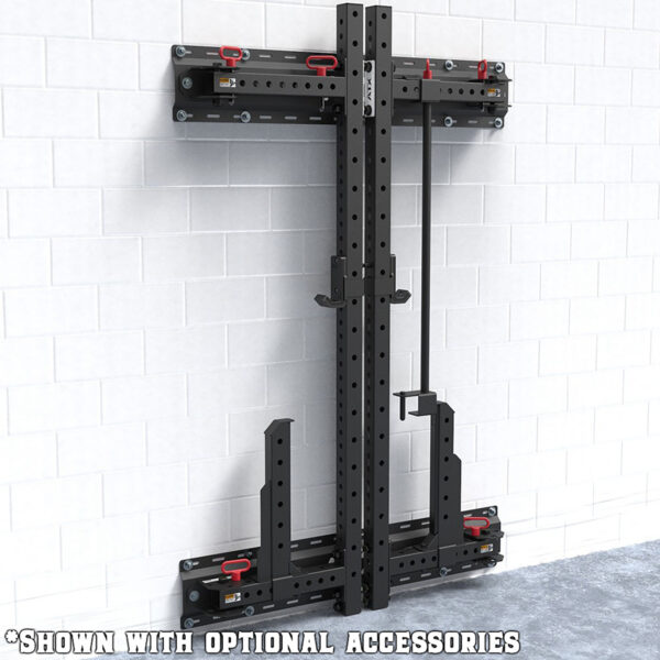 The ATX® Fold Back Rack Mount Rails are wall-mounted gym equipment featuring a folding mechanism with various bars and adjustable weight holders. The structure is black with red accents, shown attached to a white brick wall, complete with optional accessories.