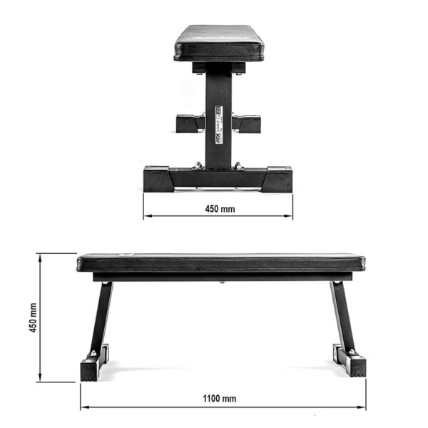 The ATX® Flat Bench Compact is depicted from two angles: top view shows a 450 mm width; side view reveals a height of 450 mm and length of 1100 mm. It features a cushioned seat and sturdy metal frame, ideal for workouts.