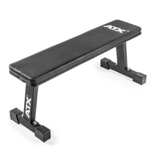 The ATX® Flat Bench Compact is a black weight lifting bench featuring sturdy metal legs, padded surface, and the ATX logo on both the bench surface and legs. Ideal for strength training exercises.