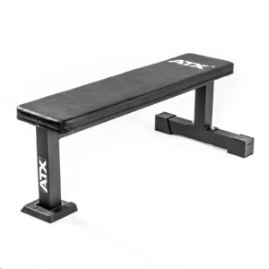 The ATX® Flat Bench PRO features a padded black surface and sturdy metal legs, with the ATX logo printed on both. Ideal for any workout, it stands out against a plain white background.