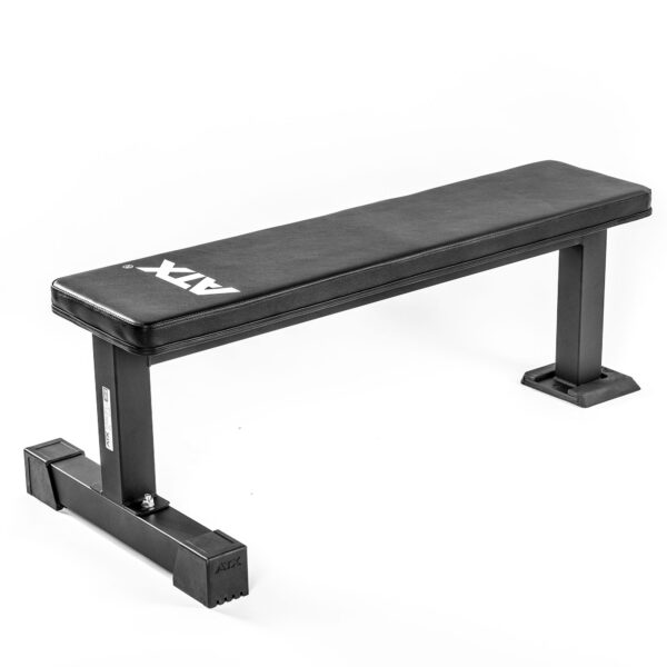 A black ATX® Flat Bench PRO with sturdy metal legs is set against a white background, featuring the brand name prominently on its surface.
