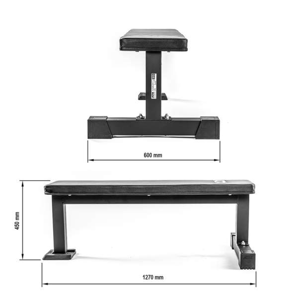 The ATX® Flat Bench PRO is pictured from side and front angles on a white background. Its dimensions are 1270 mm in length, 450 mm in height, and 600 mm in width.