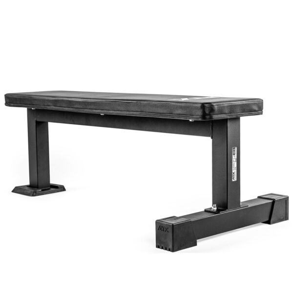 The ATX® Flat Bench PRO is a black, rectangular weight training bench featuring a padded seat and sturdy metal legs, designed for exercise. It stands out against its white background for its simple and functional design.