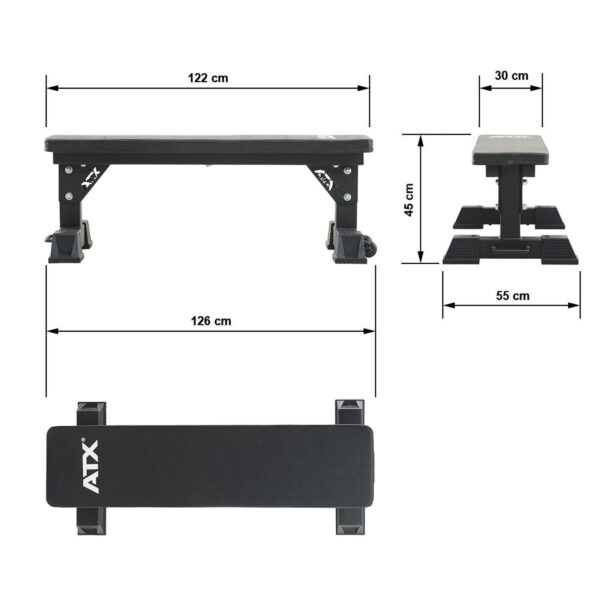 An image of the ATX® Flat Bench in black shows its sturdy design with dimensions: 122 cm length, 30 cm width, and 45 cm height. It features stable legs with a total length of 126 cm and a base width of 55 cm. Includes top-down and side views for clarity.