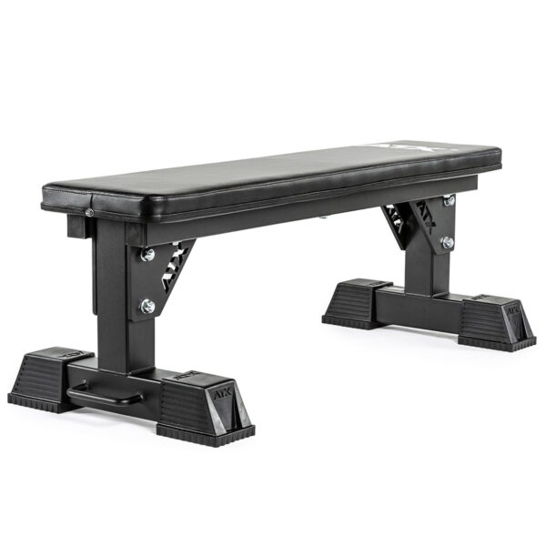 The ATX® Flat Bench is a black, heavy-duty weight lifting bench featuring a cushioned surface, sturdy metal legs, and wide stable feet.