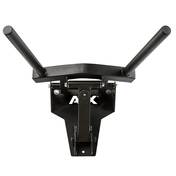 The ATX® Folding Wall Mounted Dip Handles include black padded handles and a sturdy metal frame with a visible logo.
