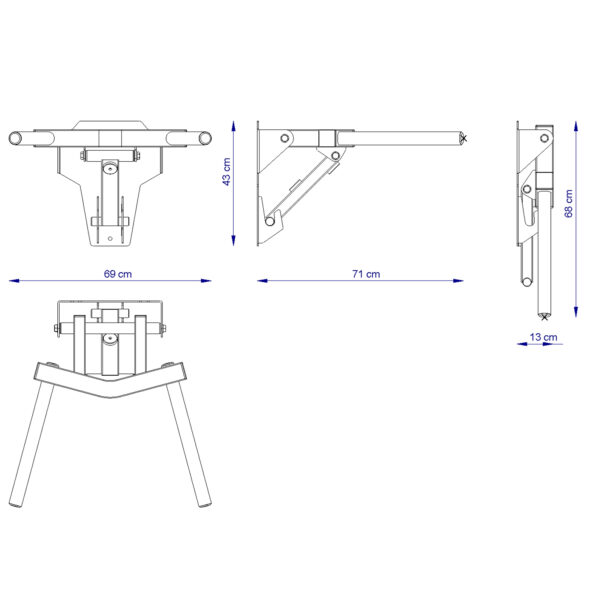The technical drawing of the ATX® Folding Wall Mounted Dip Handles illustrates multiple views, with dimensions: 69 cm width, 49 cm height, and 13 cm folded depth. The side view depth is 71 cm. Various angles and structural components are shown.