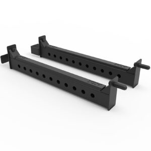 The ATX® Spotter Bars 7/70 are black steel j-cup barbell holders with multiple holes for adjustable height, designed for use with power racks. They feature a curved, reinforced structure and small handles for easy positioning.