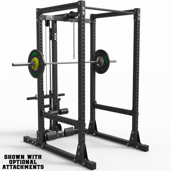 A black ATX® Flip Down Spotters 7/95 squat rack comes with a barbell, weight plates, and optional attachments like a pulley system and leg curl pad. Its frame has multiple holes for adjustable heights. Text reads, SHOWN WITH OPTIONAL ATTACHMENTS.