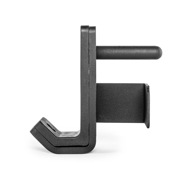 The ATX® PRX J-Hooks V 70mm is a black L-shaped hanger with a clamp design for surface attachment, featuring a cylindrical knob and cushioned grip to prevent slipping.