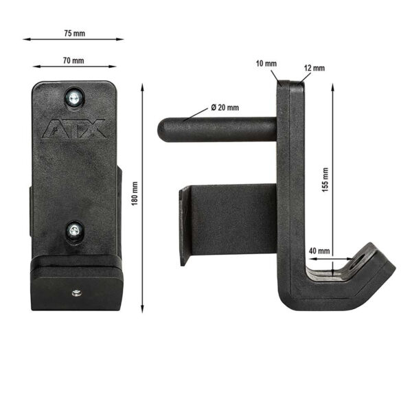 The ATX® PRX J-Hooks V 70mm in black is displayed, showing dimensions. Front view: 180mm tall, 70mm wide, 75mm deep. Side view: 155mm tall, 40mm deep with a hook diameter of 20mm. Measurements are marked with arrows.