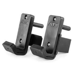 Two sturdy ATX® PRX J-Hooks V 70mm, crafted in black metal with the ATX logo engraved, designed to securely attach to a squat rack for weightlifting support.