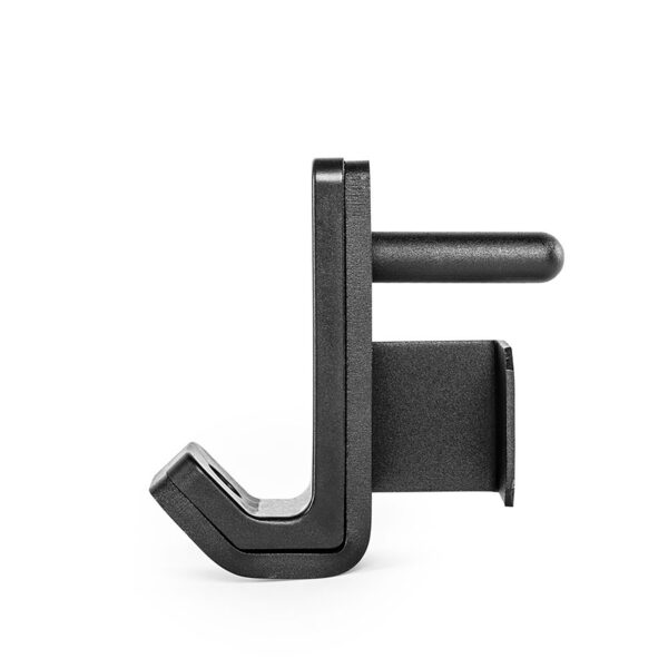 Side view of the ATX® PRX J-Hooks V 50mm in black plastic, showcasing an angled design. It has a flat, wide arm for hanging items and a horizontal support bar, all set against a plain white background with a simple, modern aesthetic.