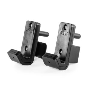 Two ATX® PRX J-Hooks V 50mm with a sleek, modern design. These black wall-mounted hooks feature a rectangular base with two screws for mounting and a notch at the top for secure hanging. Both hooks are slightly angled to the left.