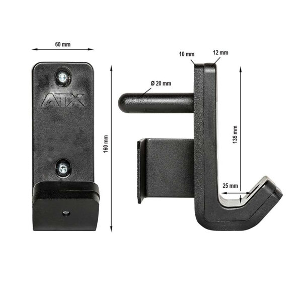 The ATX® PRX J-Hooks V 50mm includes two black metal brackets, detailed in millimeters. One has two screw holes with a protruding hook, while the other has a sharp angled hook. The ATX logo appears on one bracket.