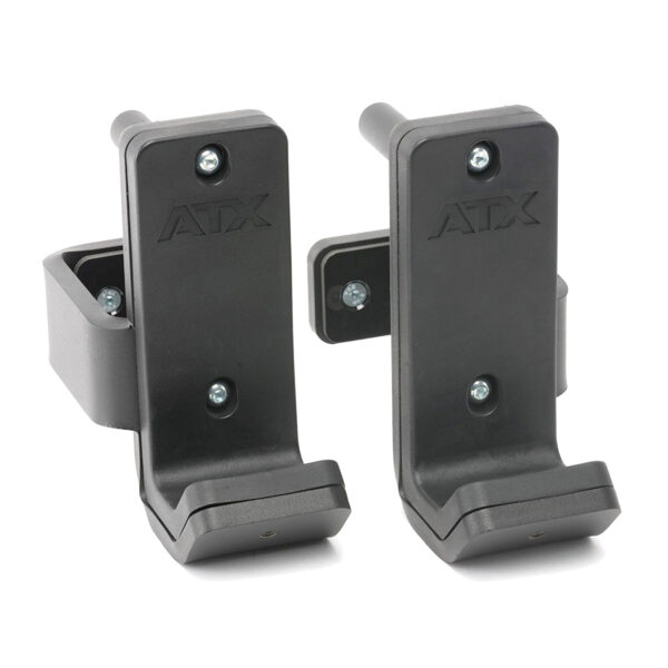 The ATX® J Hooks Compact consists of two black metal brackets with protruding pins and screw holes, designed to attach to a structure for holding equipment. Each bracket is embossed with the letters ATX.