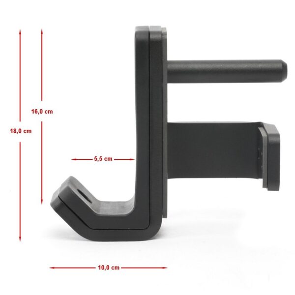 Side view of the ATX® J Hooks Compact, a black L-shaped wall mount bracket with dimensions: height 18.0 cm, depth 16.0 cm, width 10.0 cm, and arm depth 5.5 cm marked.