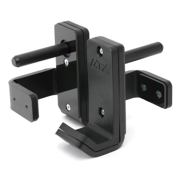 ATX® J Hooks Compact are black metal barbell hooks with a padded interior and a mounting bracket, securely attached with screws to a lifting rack for holding barbells.