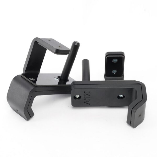 The ATX® J Hooks Compact are black, wall-mounted squat rack hooks with mounting holes and cylindrical pegs for securely holding weightlifting bars. They feature a durable metal construction with a matte finish.