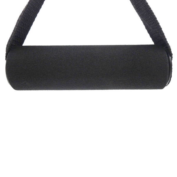 Close-up of a black cylindrical Nylon Stirrup Handle with attached black straps, typically used for fitness equipment like exercise machines or resistance bands, set against a plain white background.