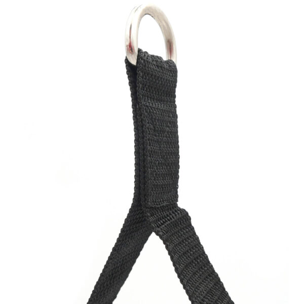 Close-up of a black nylon stirrup handle with a metal ring at the top. The strap loops through the ring, creating a triangle shape against a plain white background.