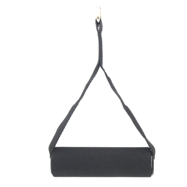 The Nylon Stirrup Handle, featuring a black foam grip attached to a strap with a metal hook, is shown suspended vertically. Ideal for fitness or physical training exercises, the background is plain white.