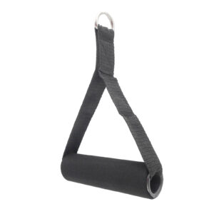 The Nylon Stirrup Handle is a black resistance band handle with a foam grip, a sturdy nylon strap, and an attachment-ready metal ring.